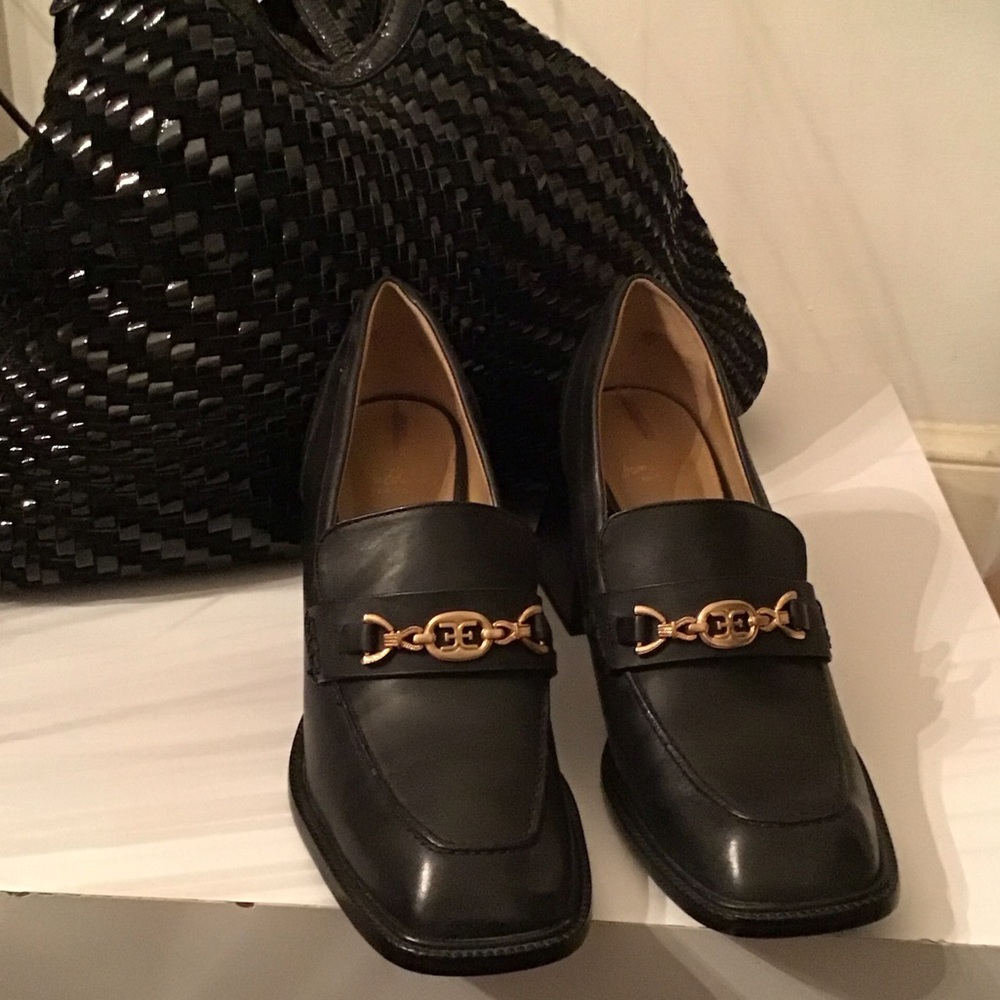 Sam Edelman Black Loafers with Gold Chain Detail
